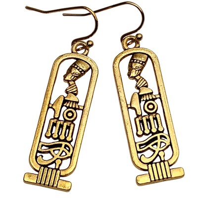 Gold Tone Egyptian Cartouche Charm Earrings, Nefertiti Eye of Horus Hieroglyphs, Jewelry Gift for Women - image1